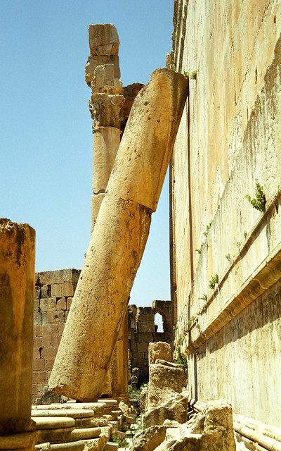 A huge leaning column in the Baalbek temple complex, Lebanon