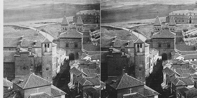 Santiago del Arrabal, Puerta de Bisagra y Hospital Tavera hacia 1860. Fotografía estereoscópica de Alfonso Begué. Colección Luis Alba