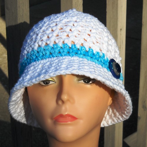 Bright white and blue Crochet Cotton Hat | woolmountain | Flickr