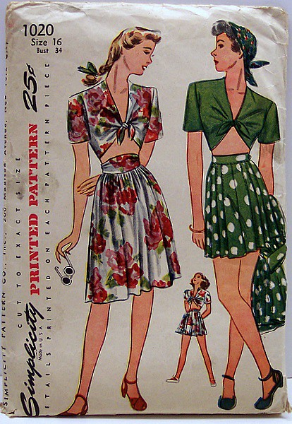 Simplicity 1020 Vintage 40's Sewing Pattern Swing Pinup Front Knotted Midriff Top, Shorts and Skirt