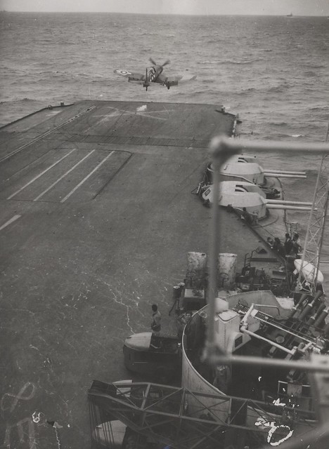 British Fleet in Japanese waters - Corsair Fighter leaving flight desk of HMS Illustrious during World War II