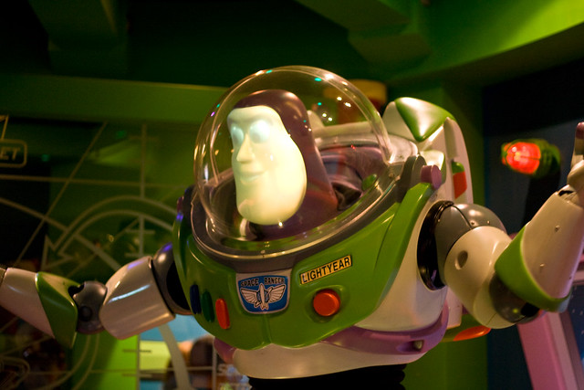 Buzz Lightyear in the Buzz Lightyears Astro Blasters Queue Area