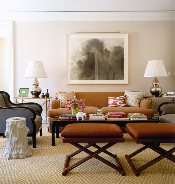 Elegant living room: Symmetry + earthtones + ikat pillow, by Todd Romano + Robert Burke