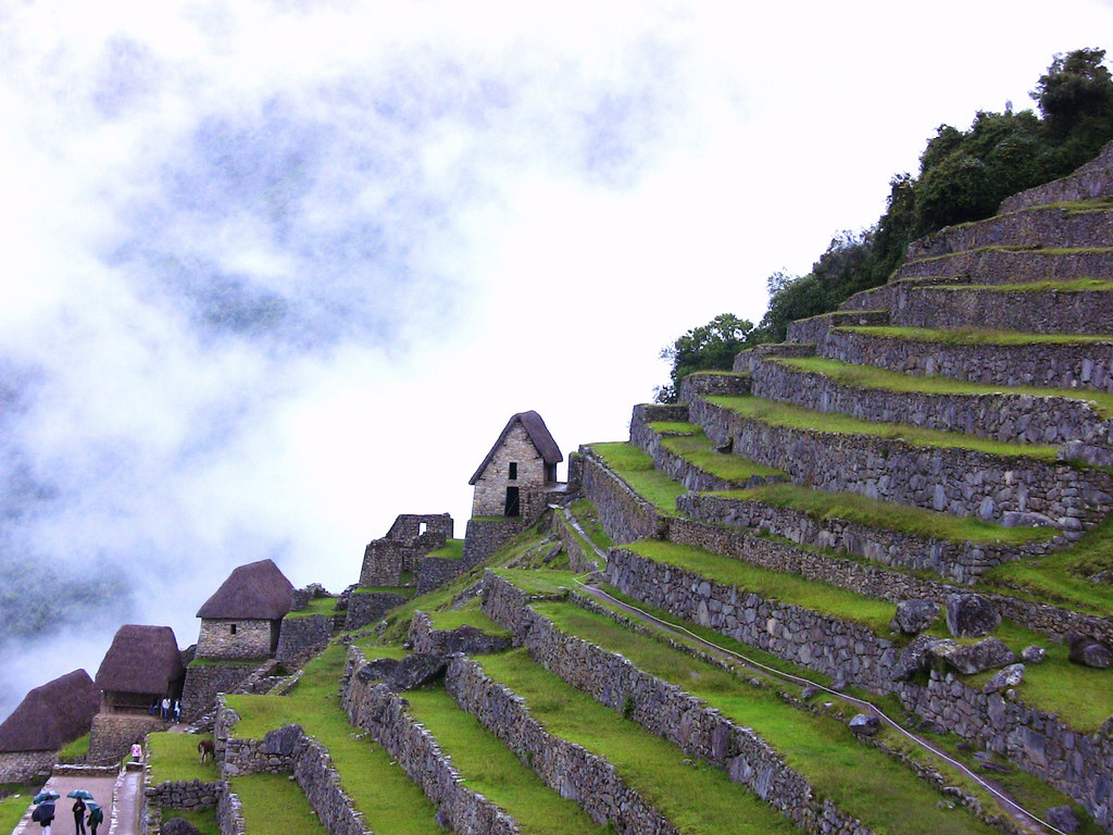 Peru - Machu Picchu Terassen mit Häusern am äußersten Rand - 049