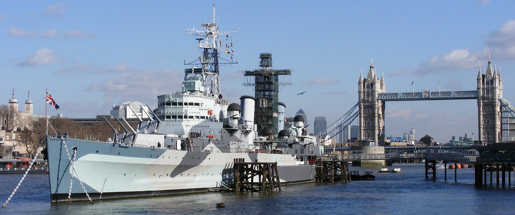 H.M.S Belfast on the River Thames with Tower Bridge,Tower of London and the city in the backgound!