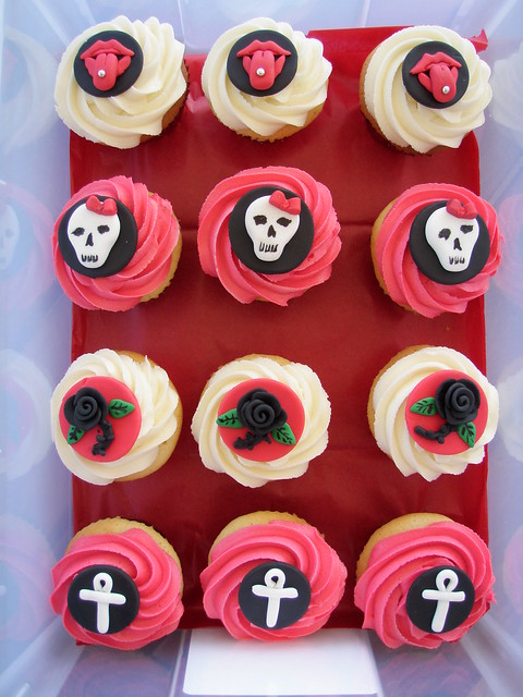 Mossy's Masterpiece Gothic cupcakes - black rose, skulls, goth symbol & pierced tongues