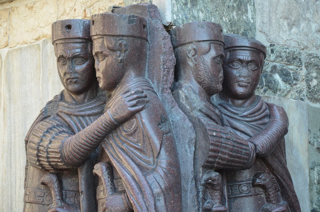 Portrait of the Four Tetrarchs, a porphyry sculpture sacked from the Byzantine Philadelphion palace in 1204, Treasury of St. Marks, Venice