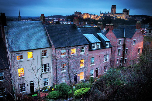 city houses light station train evening durham cathedral