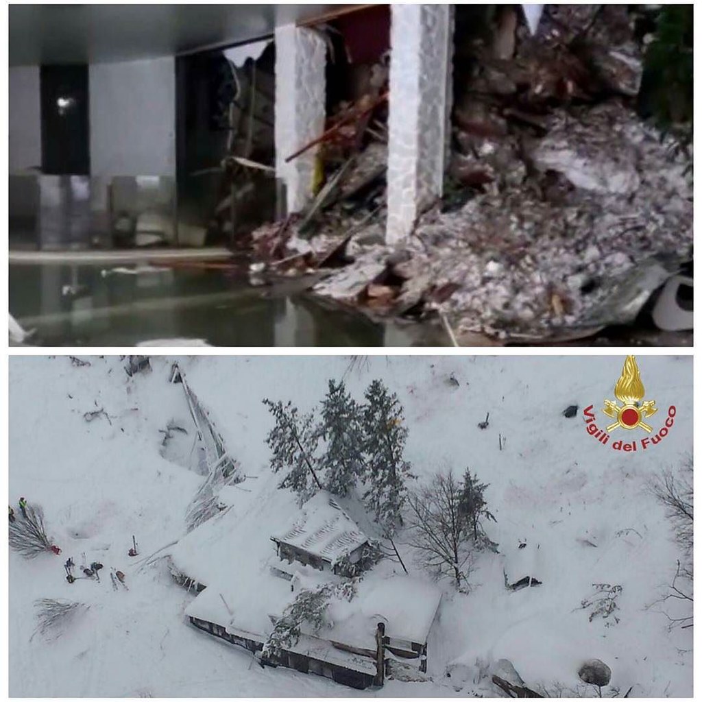 ‏#شبكة_أجواء : #إيطاليا : 30 شخصا في عداد المفقودين بعد انهيار جليدي هائل يضرب فندق Rigopiano في بلدة فاريندولا الأربعاء ليلا 18-1-2017 ‏ويعتقد أن واحدا من الزلازل التي حدثت امس تسبب في الانهيار الجليدي.