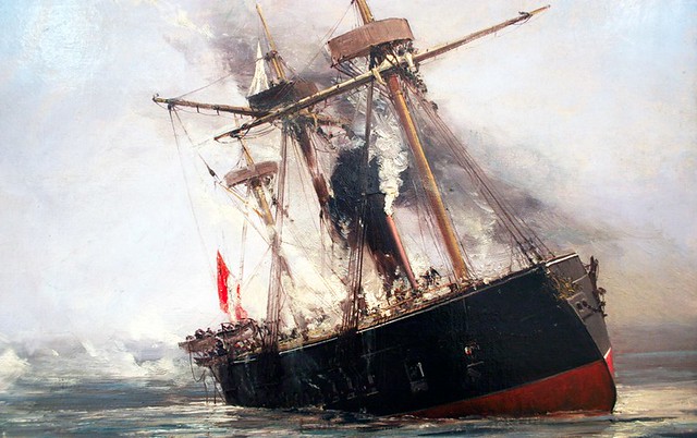 la Fragata Independencia rendida en la bahía de Cheureñate,  Punta Gruesa,   21 de mayo de 1879, detalle del Oleo de Thomas Somerscales que representa el combate naval de Punta Gruesa.