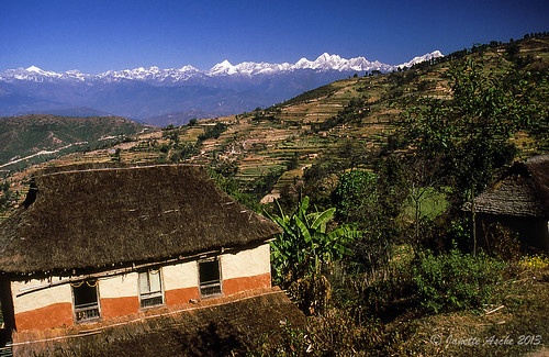1988 asia fujifilm nagarkot nepal film hiking scannedslide slide travel centralregion 35mm houses thatch roof fields mountains snowcapped terraces track trail polariser himalayas kathmanduvalley