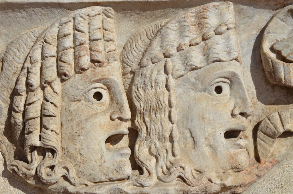Detail of a sarcophagus decorated with tragic masks, 150-160 AD, National Museum of Rome, Baths of Diocletian