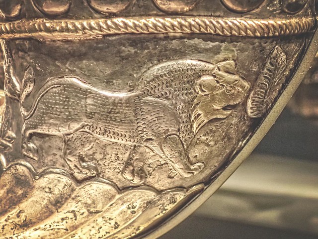 Closeup of an embossed lion on a Sasanian Wine Horn 4th century CE Silver and Gilt