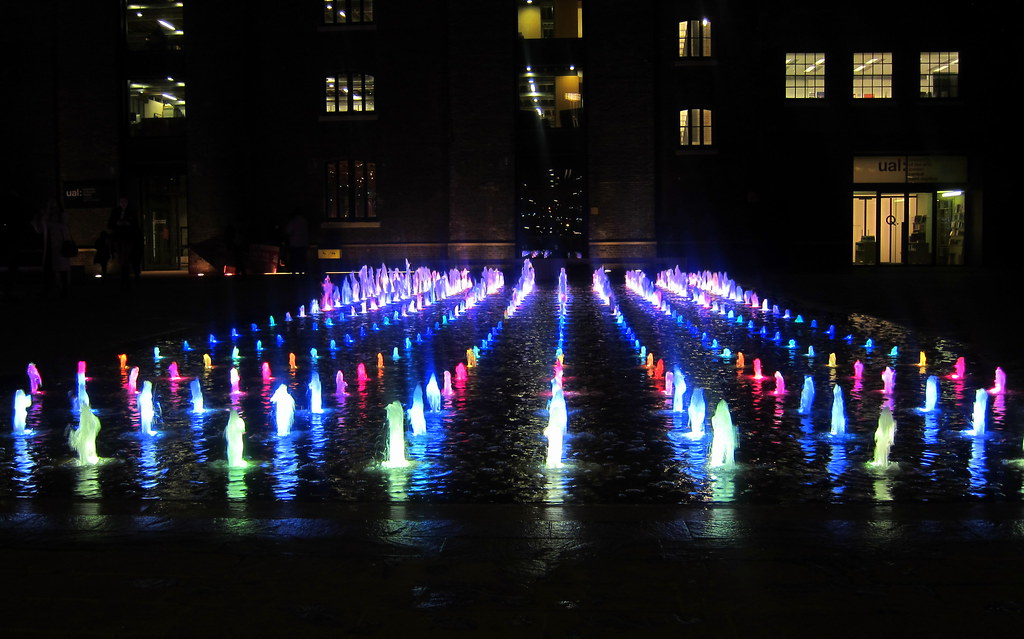 Dancing rainbow fountains at Granary Square