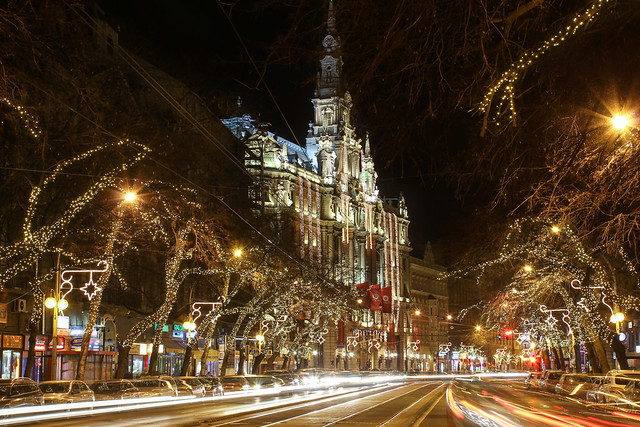 Budapest - the New York palace with the Elisabeth boulevard at night around christmas time 2
