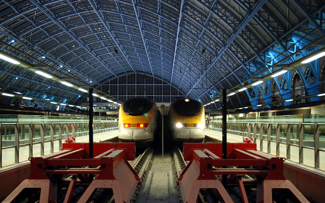 A pair of Eurostar trains at St. Pancras International Station, London