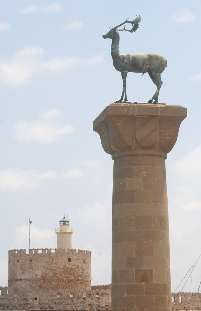 Entrance to Rhodes Harbour, Greece the site of the Colossus of Rhodes