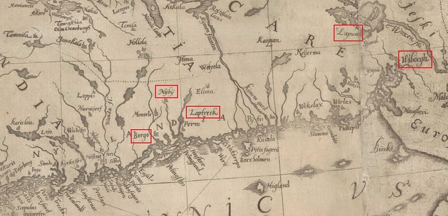 Place names in South eastern Finland laptresk on map from 1626. Laptresk plassnavn i sørlige Finland på kart fra 1626.