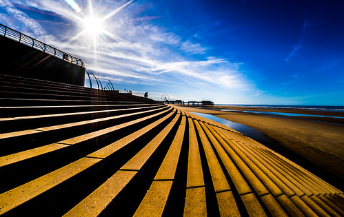 steps figure shadow blue sky skies skys clouds cloudy day blackpool lancs lancashire north sand beach sun light silhouette silhouetted silhouettes photographs photograph pics pictures pic picture image images foto fotos photography artistic cwhatphotos that have which with contain epl5 olympus pen lite esystem four thirds digital camera lens olympuspen sanyang 75mm 35 f35 fisheye fish eye samyang manual focus wide view 43 fit mft micro promenade cast casting flickr