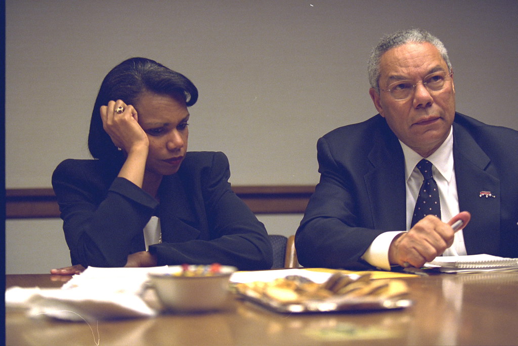 Secretary of State Colin Powell and National Security Advisor Condoleezza Rice in the President's Emergency Operations Center (PEOC)