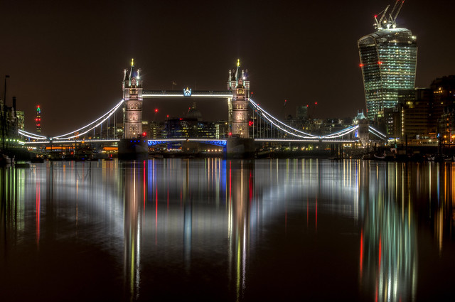 Walkie Talkie and Tower Bridge reflected - HDR
