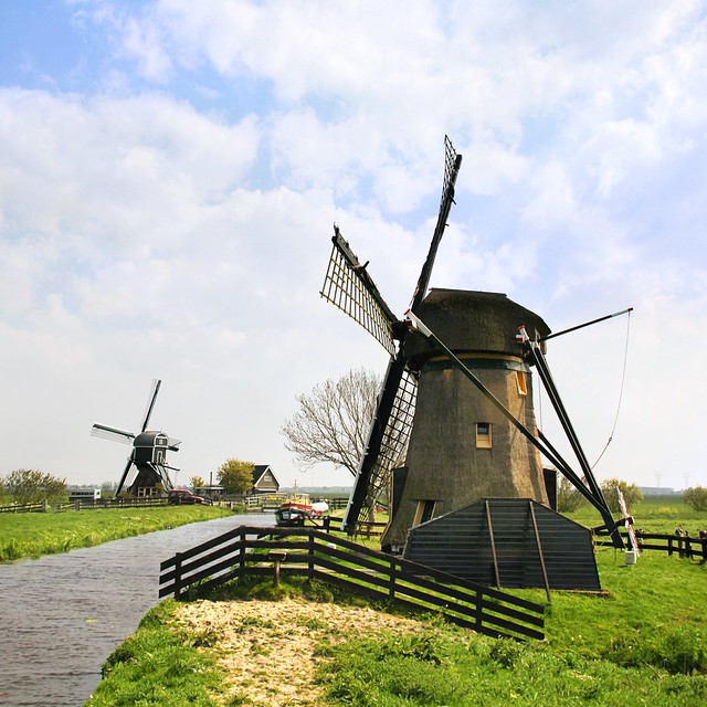 The historic Doeshofmolen and Achthovense windmill in the wetlands of Zuid Holland
