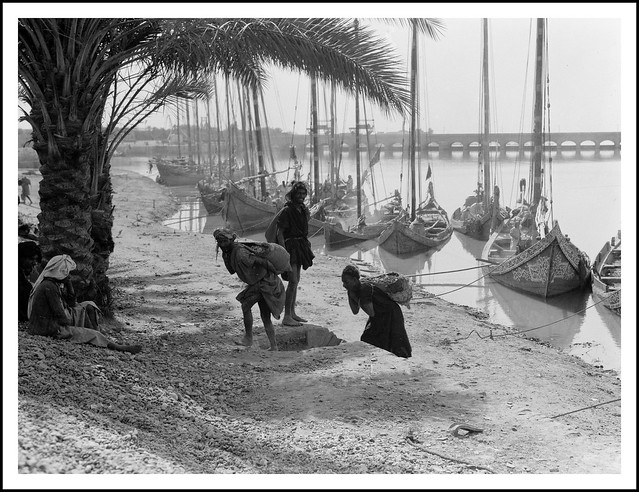 Iraq. Hindiyah Barrage. About 48 miles S.E. of Baghdad. Picturesque river boats elaborately painted  - circa 1930's