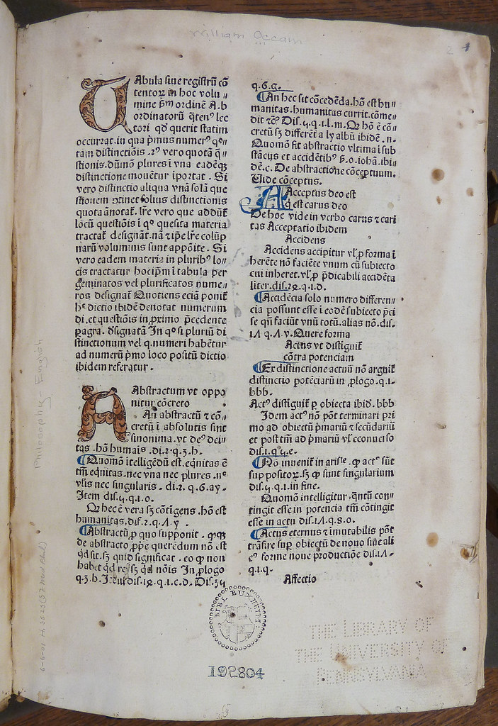 Leaf [a]2r of an incunable edition of William of Ockham's In primum librum Sententiarum (Urach: Konrad Fyner, 1483; ISTC io00014000) with hand-colored woodcut initials and rubrication