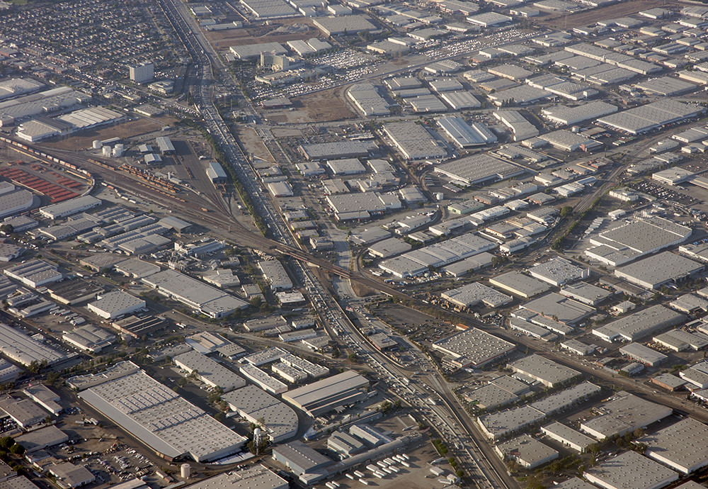 Above heavy traffic on I-5, the Santa Ana Freeway, Commerce, California