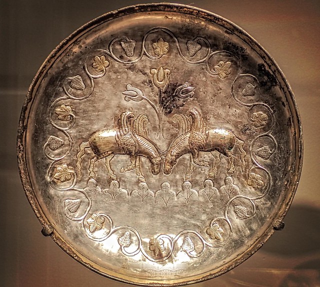 Silver and gilt plate depicting winged horses Persian Sasanian Period 7th century CE