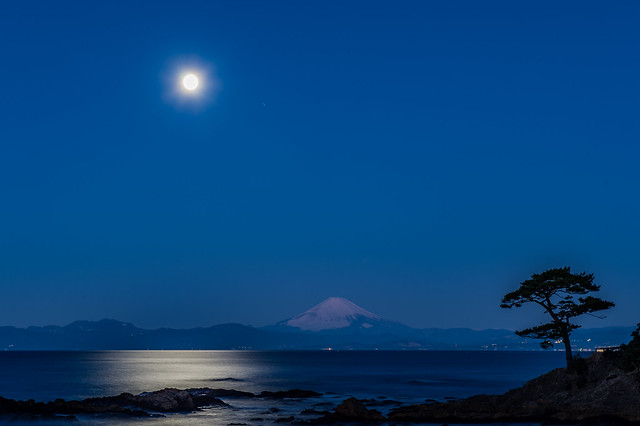 Akiya coast, moonlit night Fuji