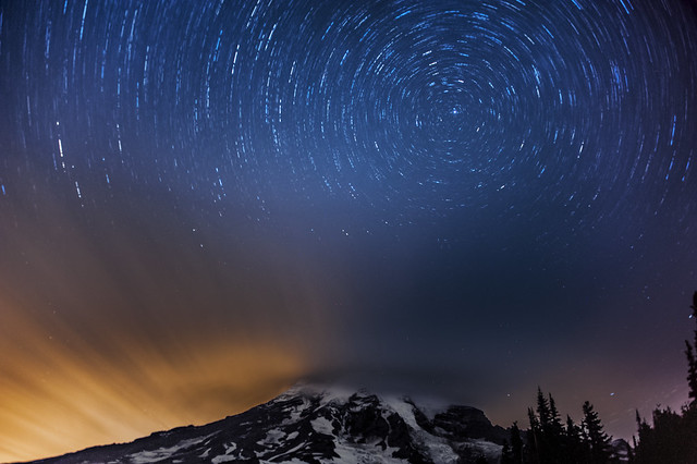 Star trail at Paradise Point, Mount Rainier National Park, Washington