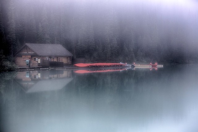 Boathouse in the fog