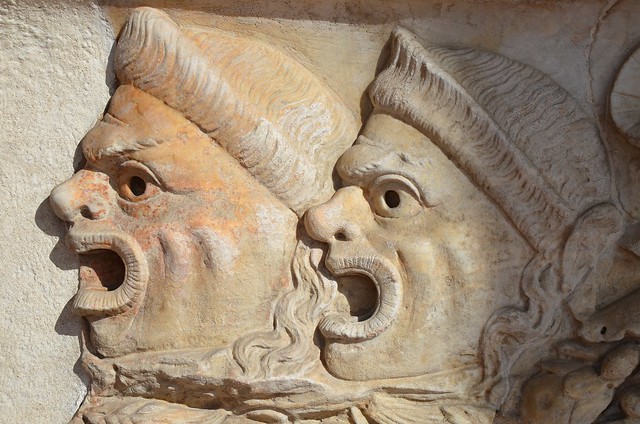Detail of a sarcophagus decorated with theatrical masks, 150-160 AD, National Museum of Rome, Baths of Diocletian
