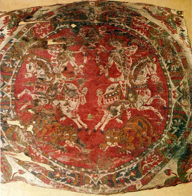 Sasanian textile fragment of a lion hunt textile, 8thc, Kiev Museum of Fine Arts