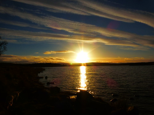 sunset sky dog water beautiful weather clouds scotland rocks blues ripples loch