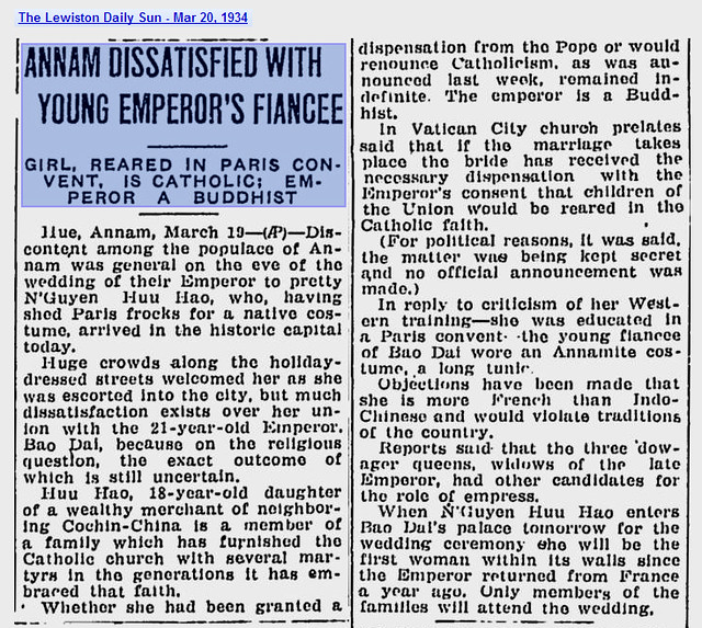 Annam Dissatisfied With Young Emperor's Fiance - The Lewiston Daily Sun - Mar 20, 1934