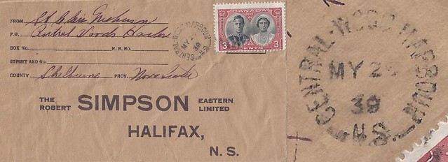 Nova Scotia Postal History - 29 May 1939 - CENTRAL WOOD HARBOUR (Shelburne County), N.S. (split ring / broken circle cancel / postmark) to Halifax, Nova Scotia