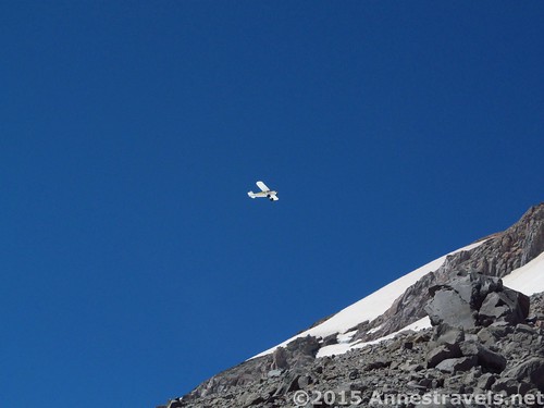 A Piper Cub flying above Cooper Spur, Mount Hood National Forest, Oregon