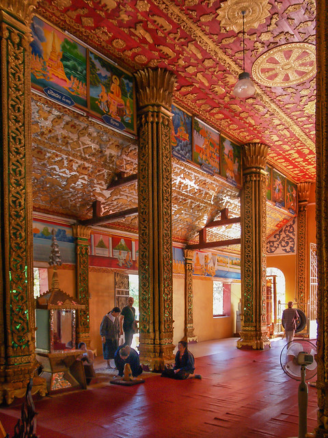The incredibly ornate interior of a Buddhist temple in Cambodia
