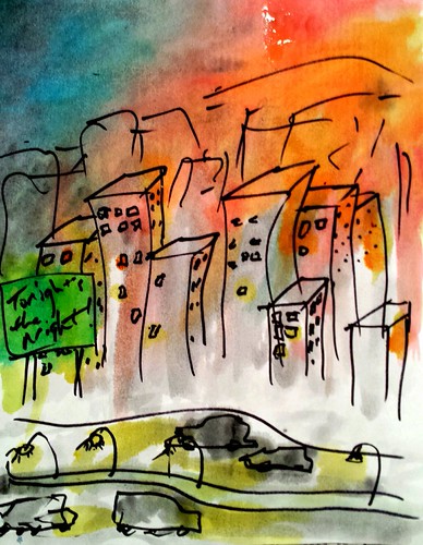 sunset by Mark Bonica, Watercolor over pen. for the theme "sunset". this was a 10 minute sketch just for somethin