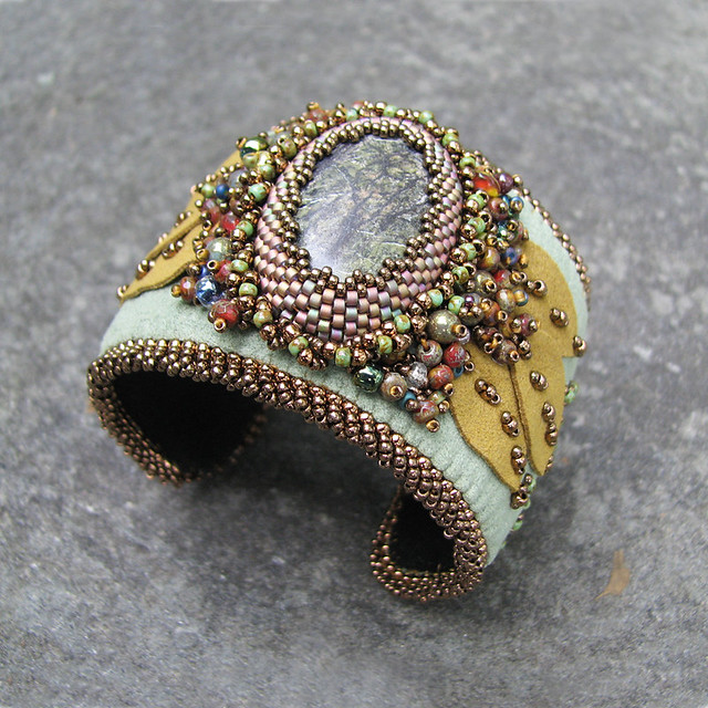 Green Cuff Bracelet, Serpentine Gemstone with Bead Embroidery and Applique