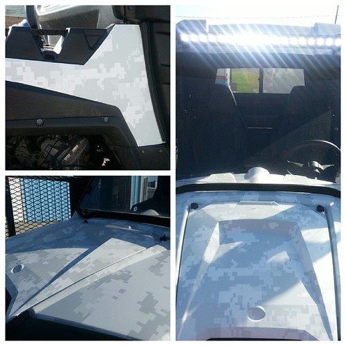 Polaris Razor from red to digital snow camo.  Soon to be very dirty :-)  also added a high power LED light bar.on roof too. #pgnola , #wrapped , #snowcamo, #digitalcamo, #razor, #Polaris, #offroad , #ledlightbar, #ledlights , #dirty, #hunting , #huntingca | by PG NOLA