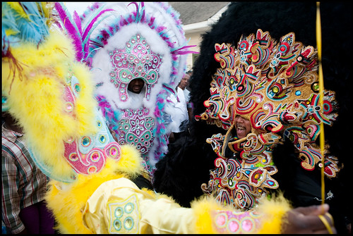 Monogram Hunters Big Chief Pie (right) meets another Big Chief on Saint Joseph's Night in New Orleans 2014. Photo by Ryan Hodgson-Rigsbee www.rhrphoto.com