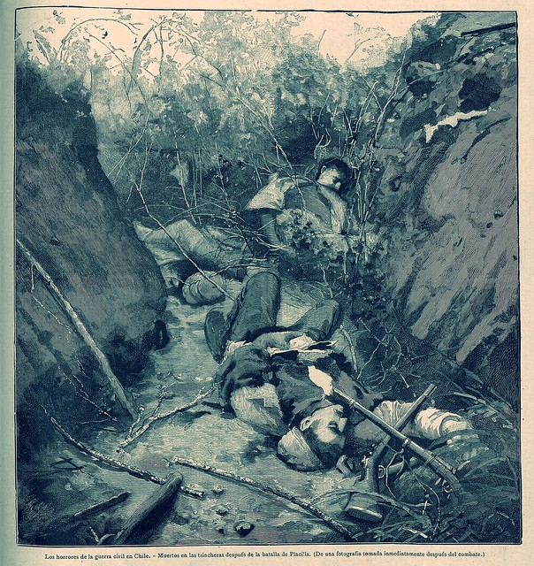 Muertos en las trincheras después de la batalla de Placilla.  Grabado de una fotografía tomada inmediatamente después del combate