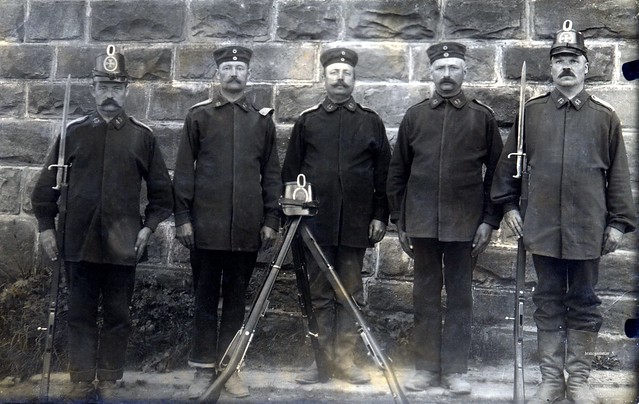 Five members of the 43rd Infanterie Brigade, including a stern faced Landsturmmann C. Ohm - probably Carl Heinrich Wilhelm Ohm Zigarrenfabrikant [owner of a cigar factory] in Holzhausen
