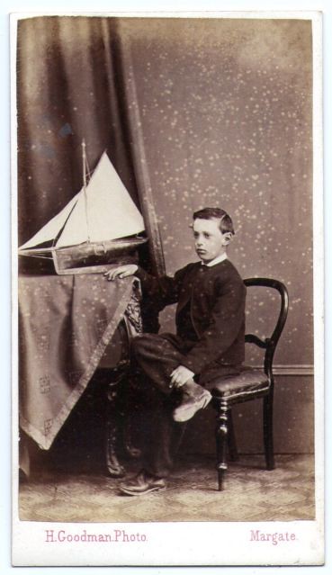 1870 CDV Margate England young boy with pond yacht