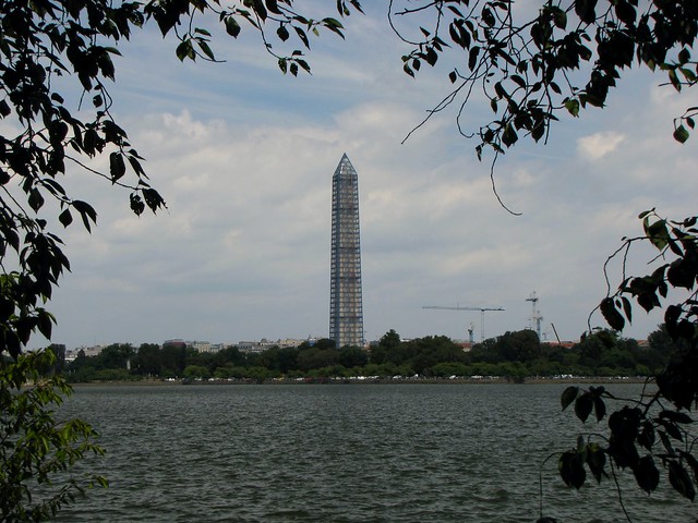 Washington Monument in scaffolding, viewed from across the Tidal Basin near the Jefferson Memorial [02]