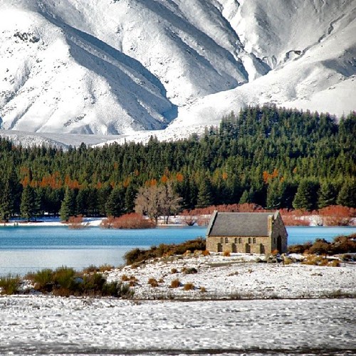 Church of the Good Shepard Lake Tekapo #tekapo #newzealand #church #snow #latergram | by geoftheref