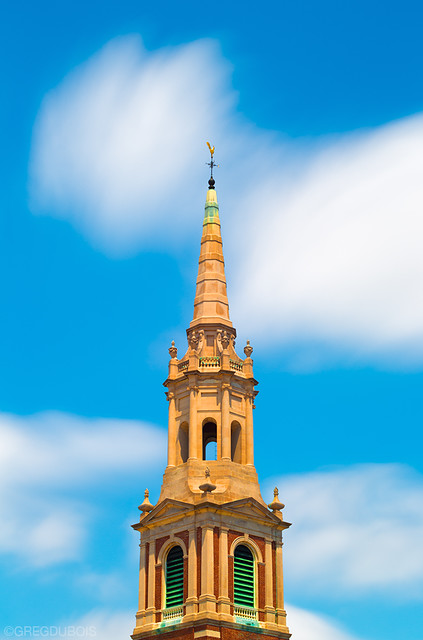 Day LE of Clouds over Steeple, Historic Second Church of Boston in Brookline
